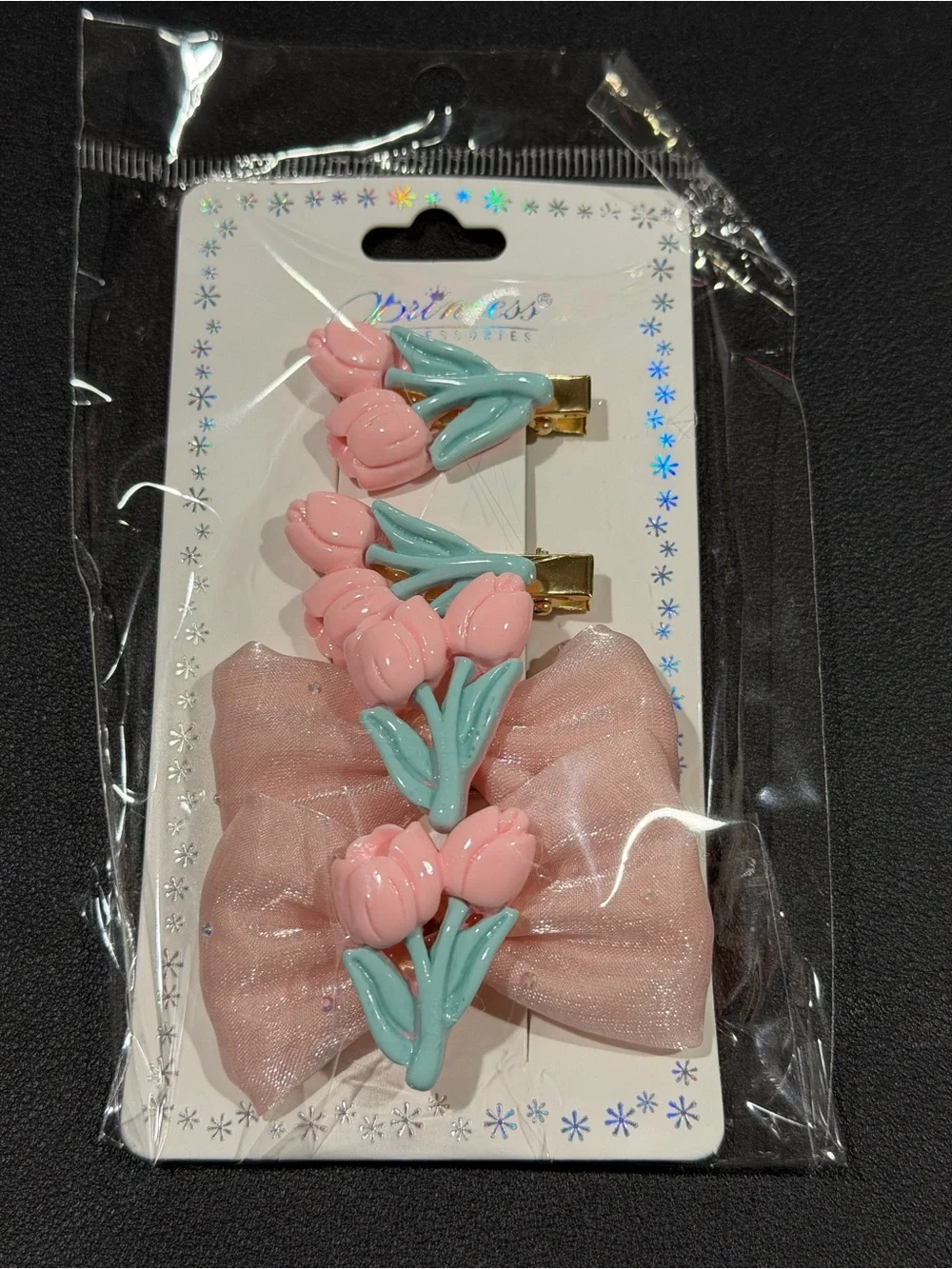 Prince Pink Bow and Tulip Hair Clip Set with Mint Leaves